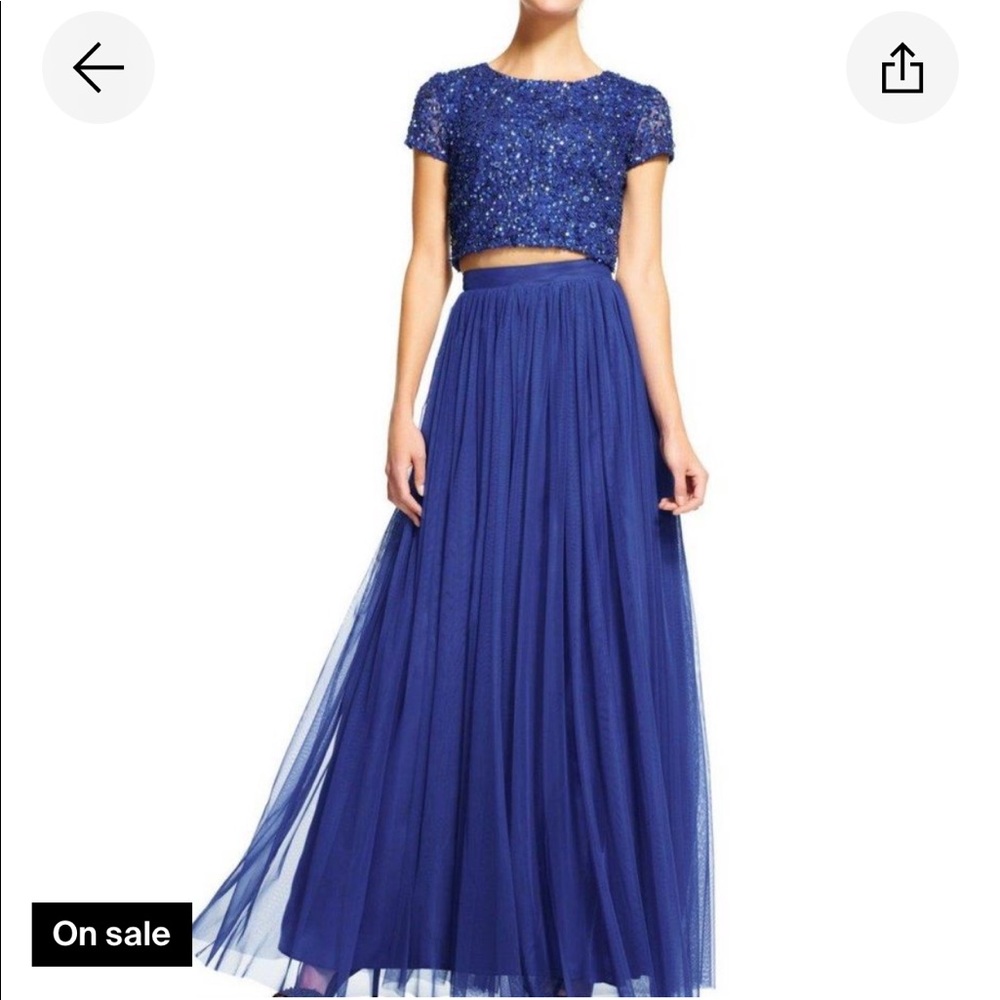 Adrianna Papell blue two piece sequined short sleeve long dress prom formal NWT